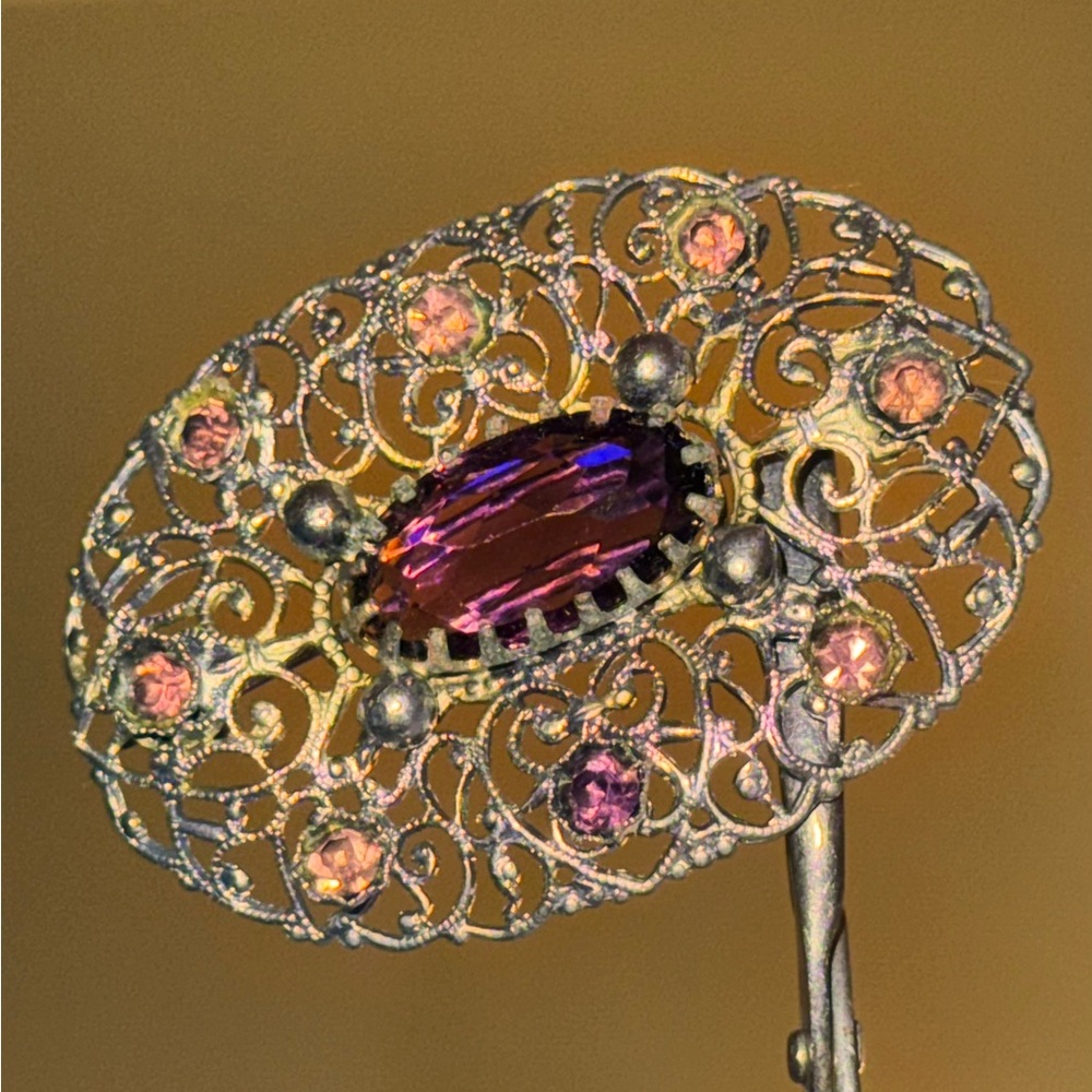 Vintage Victorian Silver Glass Amethyst Antique Brooch - Picture 8 of 16